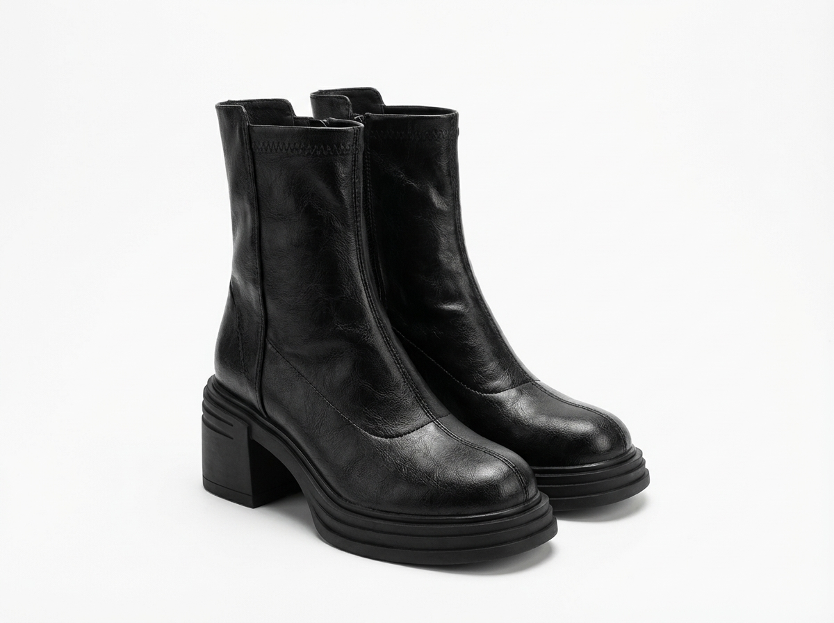 Bottine haute noir Simili Cuir Femme - Élégance contemporaine avec talons carrés robustes