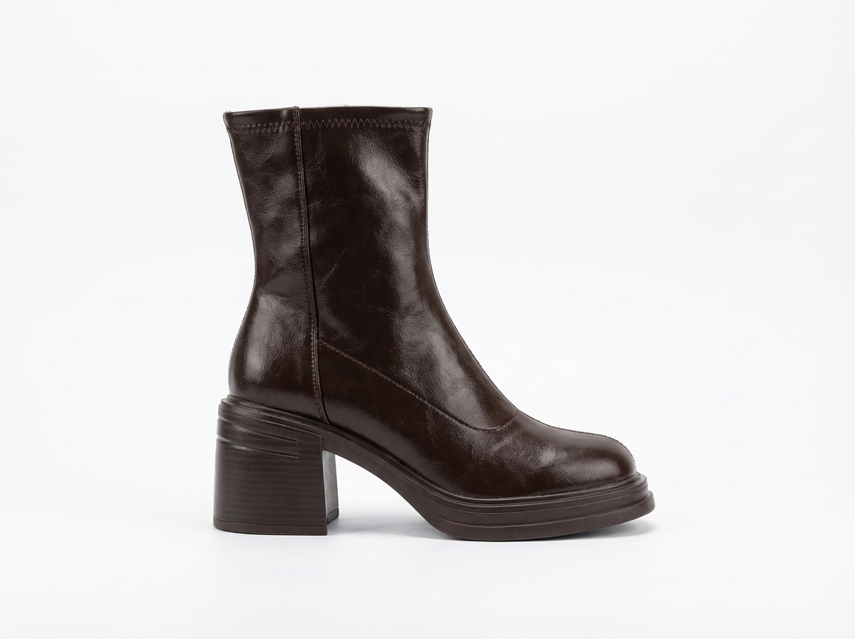 Bottine à talon marron foncé Synthétique Femme - Santiags marron à bout carré élégant 2
