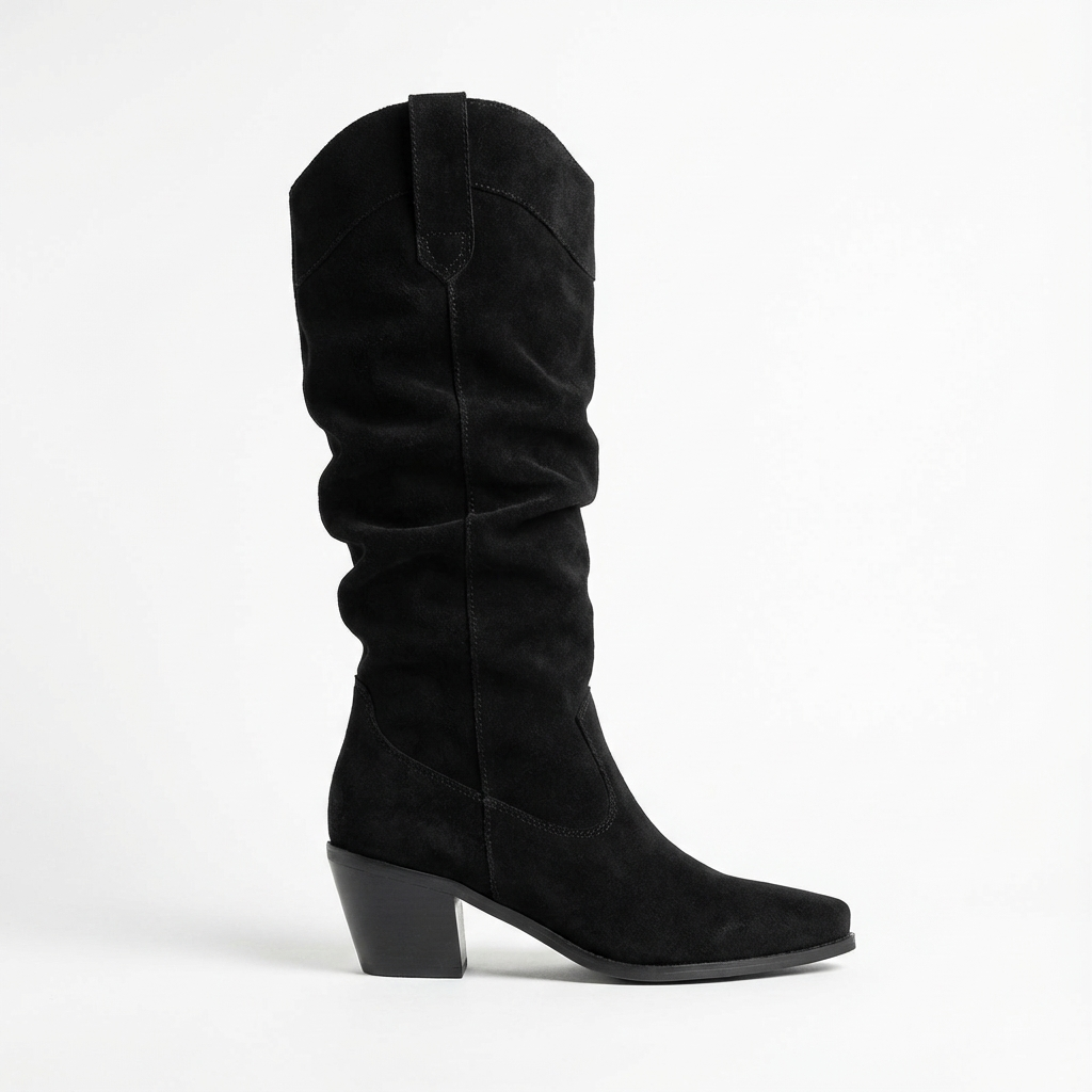 Santiag mi-haute noir Simili Cuir Femme - Tige plissée sans ornements, style sobre 2