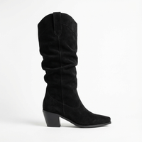 Santiag mi-haute noir Simili Cuir Femme - Tige plissée sans ornements, style sobre 2