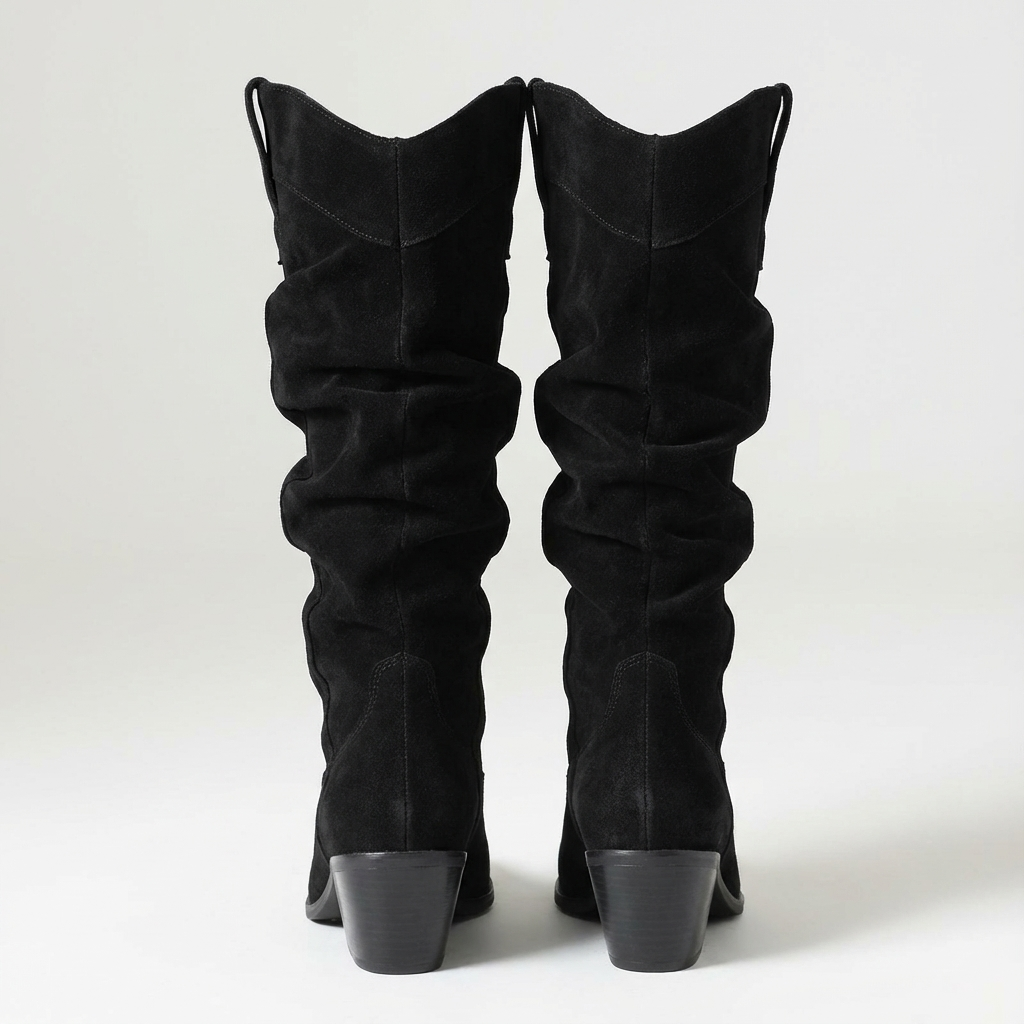 Santiag mi-haute noir Simili Cuir Femme - Tige plissée sans ornements, style sobre 3