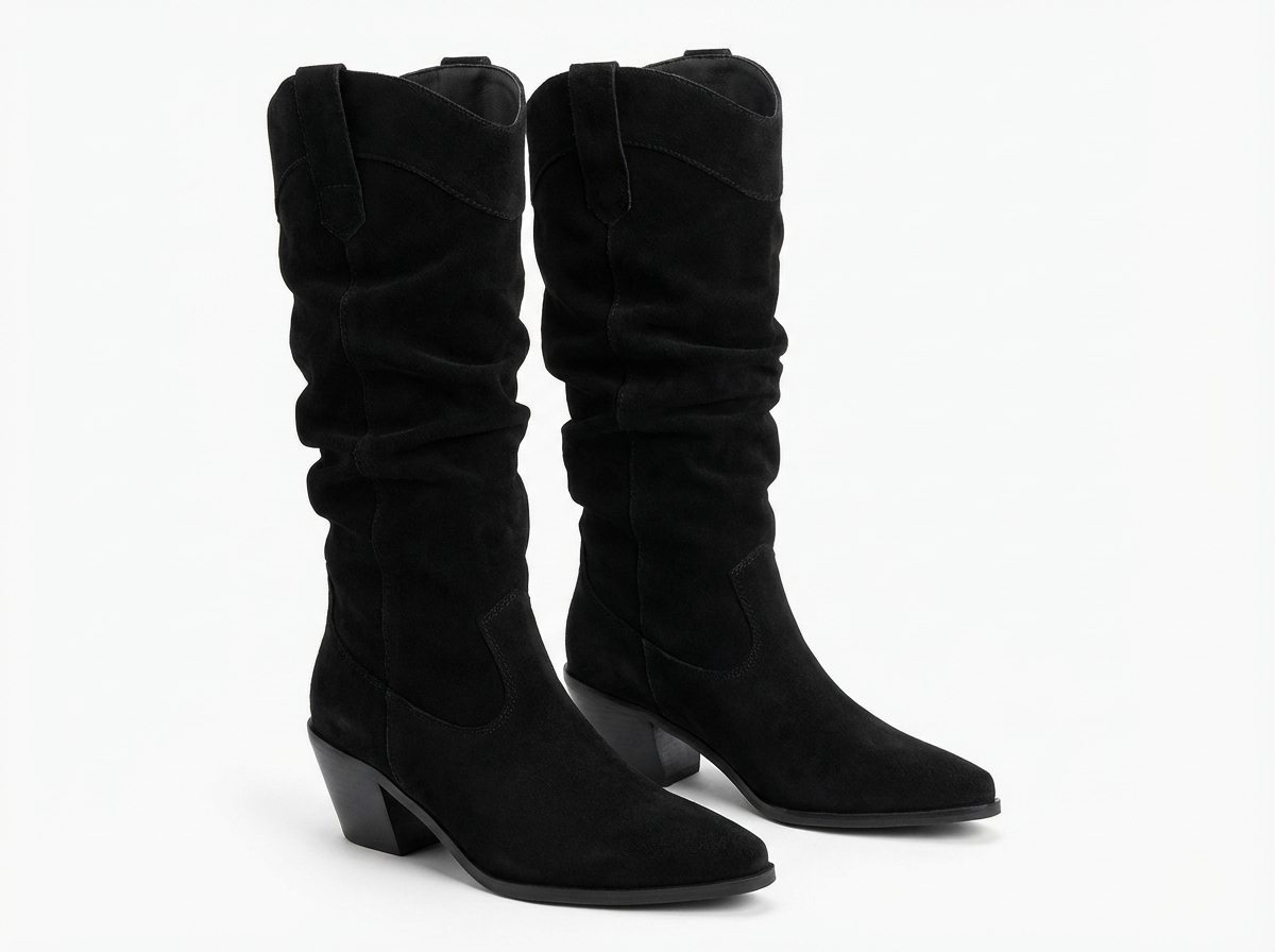 Santiag mi-haute noir Simili Cuir Femme - Tige plissée sans ornements, style sobre