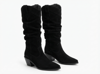 Santiag mi-haute noir Simili Cuir Femme - Tige plissée sans ornements, style sobre 1