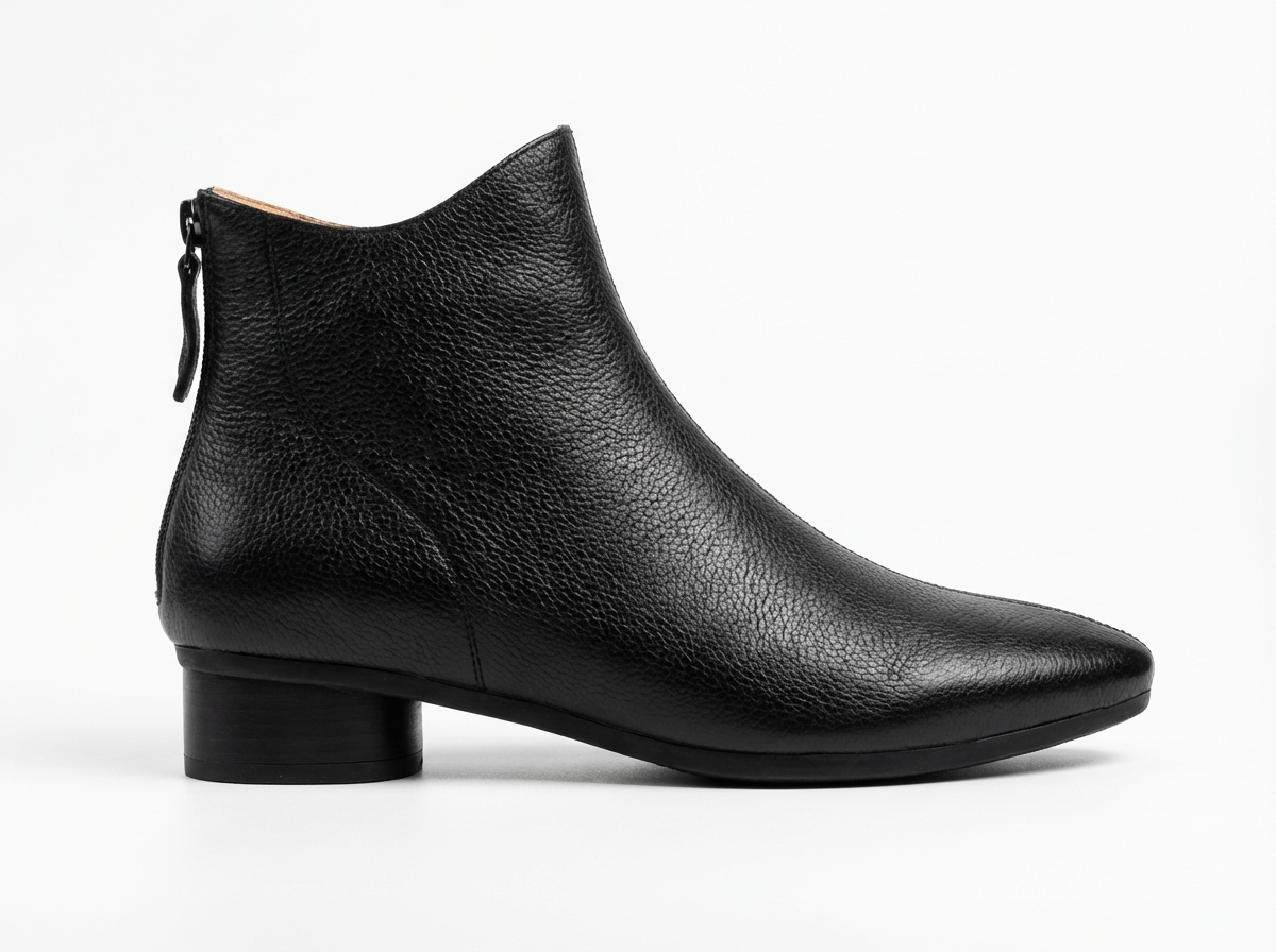 Bottine plate noir Cuir Femme - Bottine noire élégante en cuir grainé 2