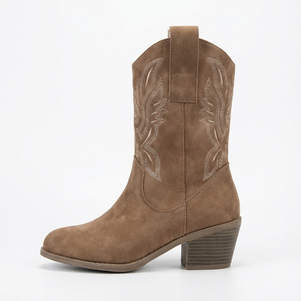 Santiag mi-haute marron clair Daim Synthétique Femme - Broderie florale sur tige mi-haute 4
