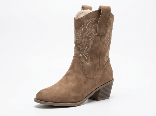 Santiag mi-haute marron clair Daim Synthétique Femme - Broderie florale sur tige mi-haute