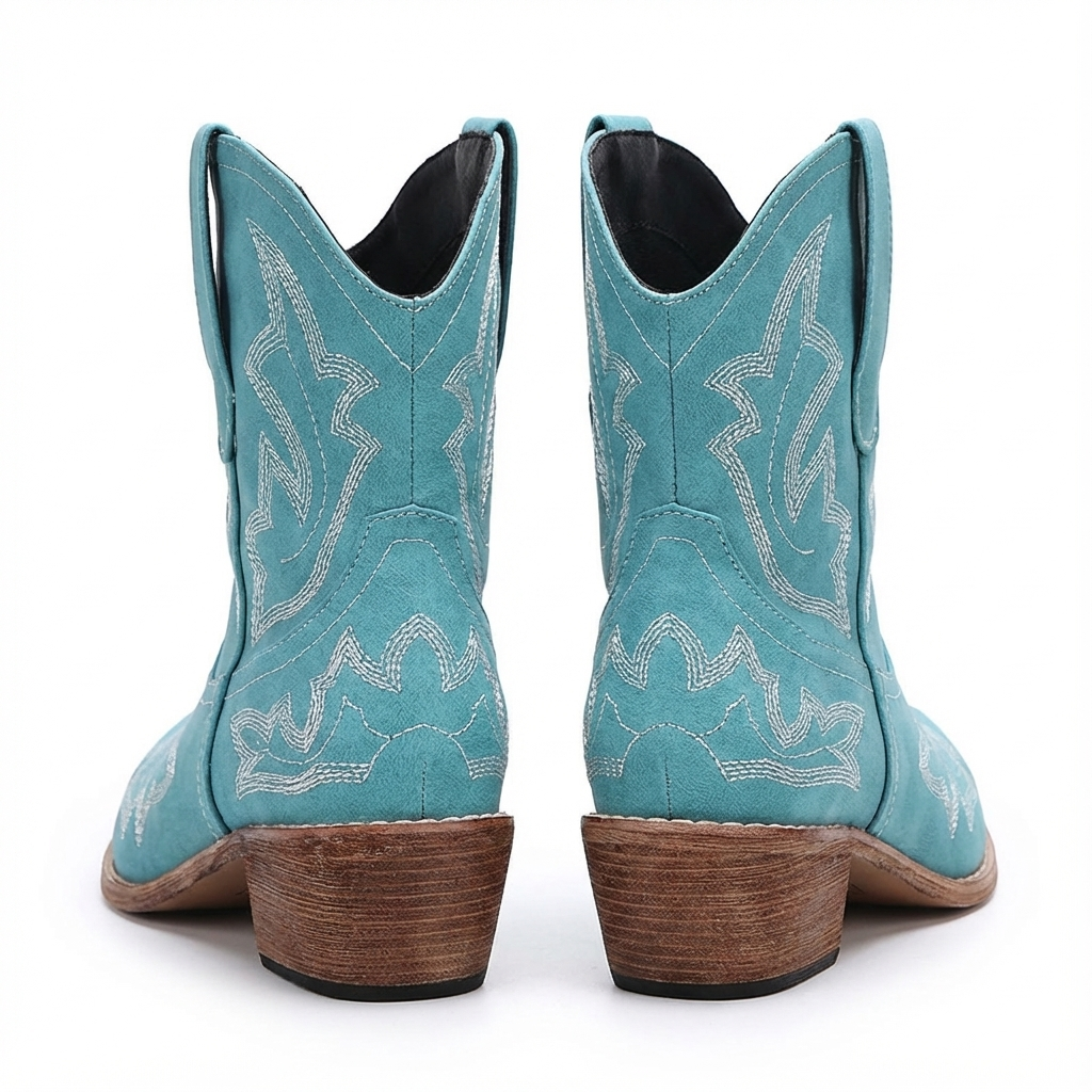 Santiag mi-haute bleu Simili Cuir Femme - Broderies florales élégantes sur fond bleu 3