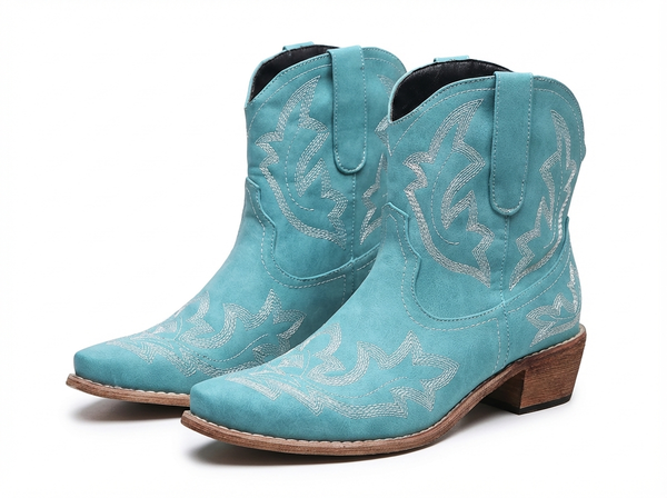 Santiag mi-haute bleu Simili Cuir Femme - Broderies florales élégantes sur fond bleu