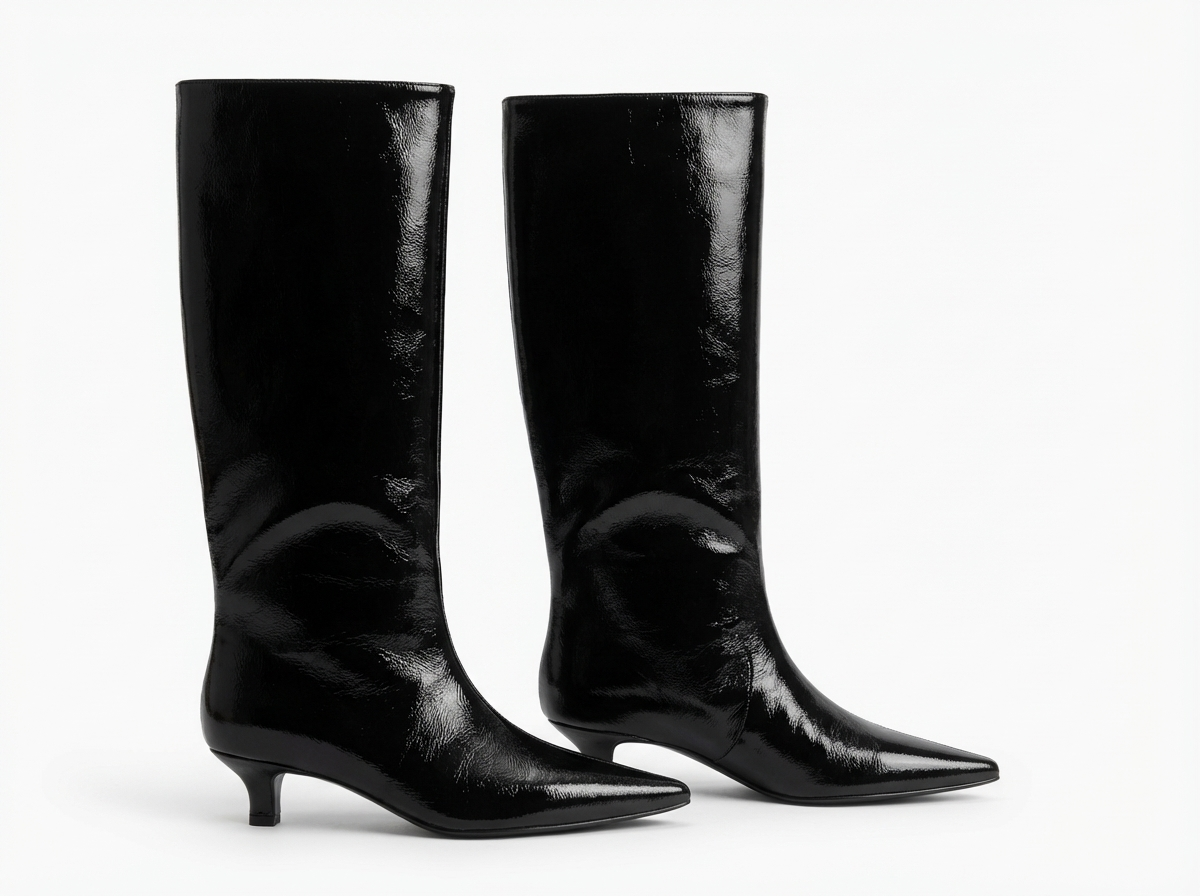 Botte haute noir Simili Cuir Femme - Santiags noires pointues brillantes modernes