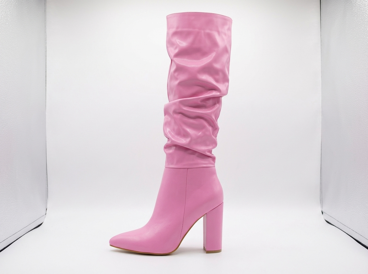 Botte haute rose Simili Cuir Femme - Santiags roses élégantes à tige froncée 3