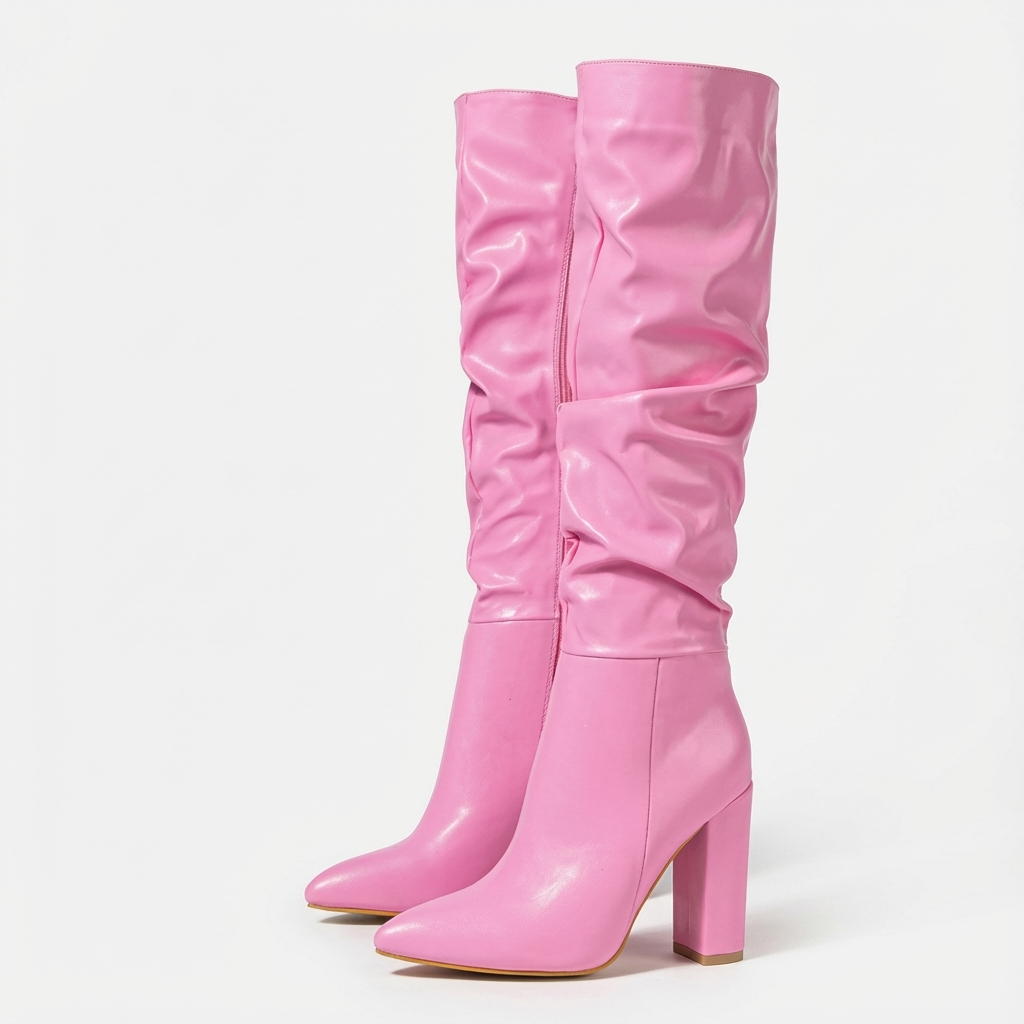 Botte haute rose Simili Cuir Femme - Santiags roses élégantes à tige froncée