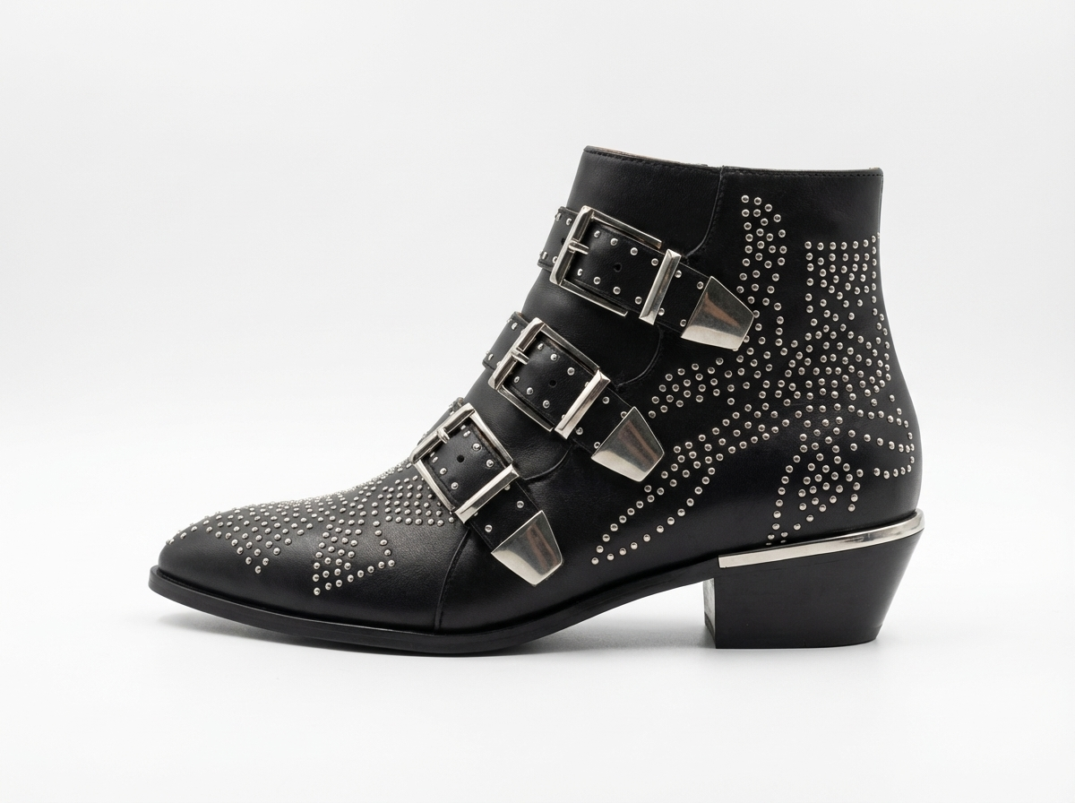 Santiag basse noir Cuir Femme - Style rétro avec clous et boucles 2