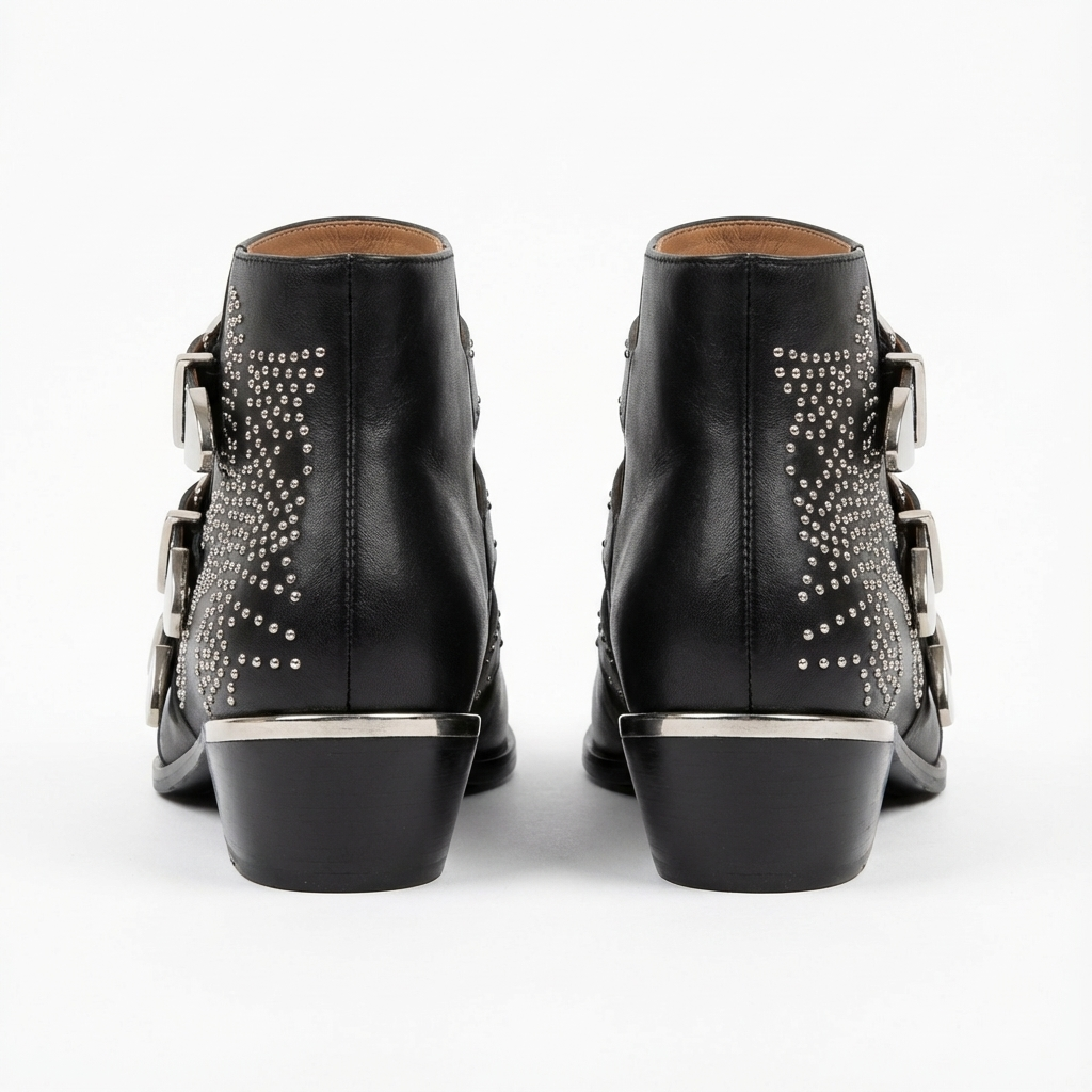 Santiag basse noir Cuir Femme - Style rétro avec clous et boucles 3