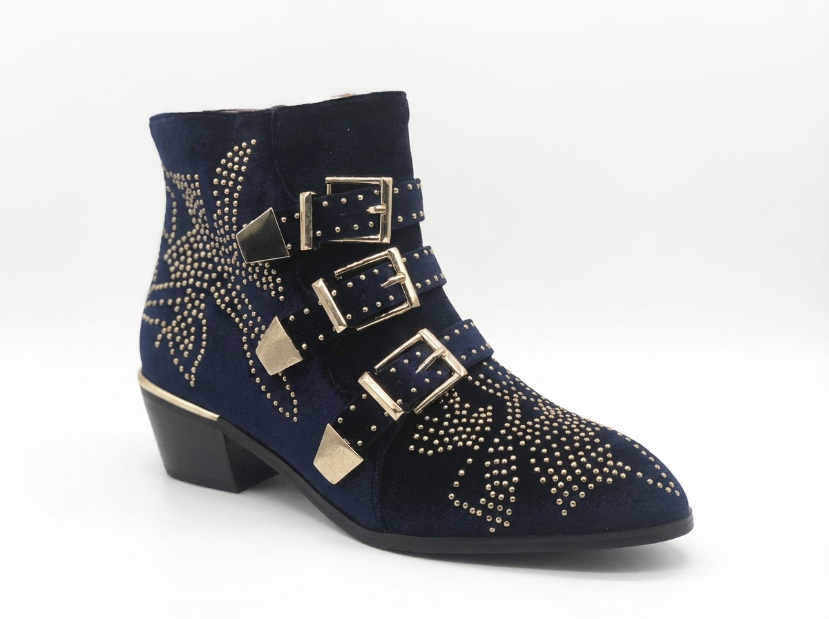 Santiag basse bleu Cuir Femme - Boucles dorées et clous géométriques