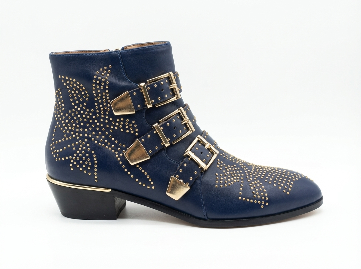 Santiag basse bleu Cuir Femme - Clous dorés et boucles avant 2