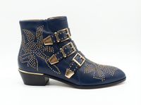 Santiag basse bleu Cuir Femme - Clous dorés et boucles avant 2