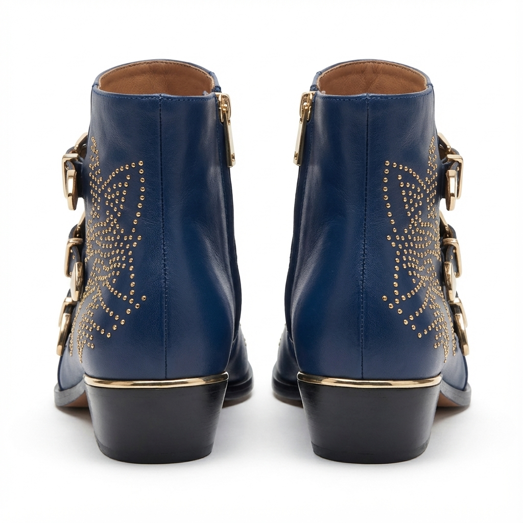 Santiag basse bleu Cuir Femme - Clous dorés et boucles avant 3