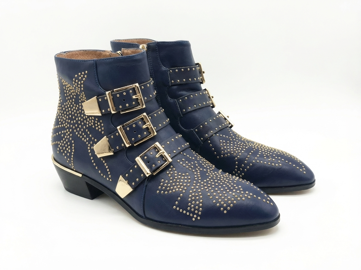 Santiag basse bleu Cuir Femme - Clous dorés et boucles avant