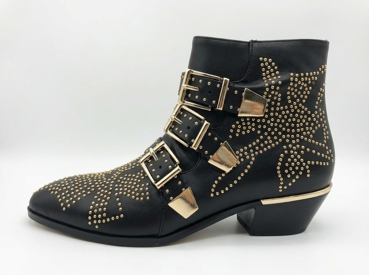 Santiag basse noir Cuir Femme - Bottes noires cloutées à boucles modernes 2
