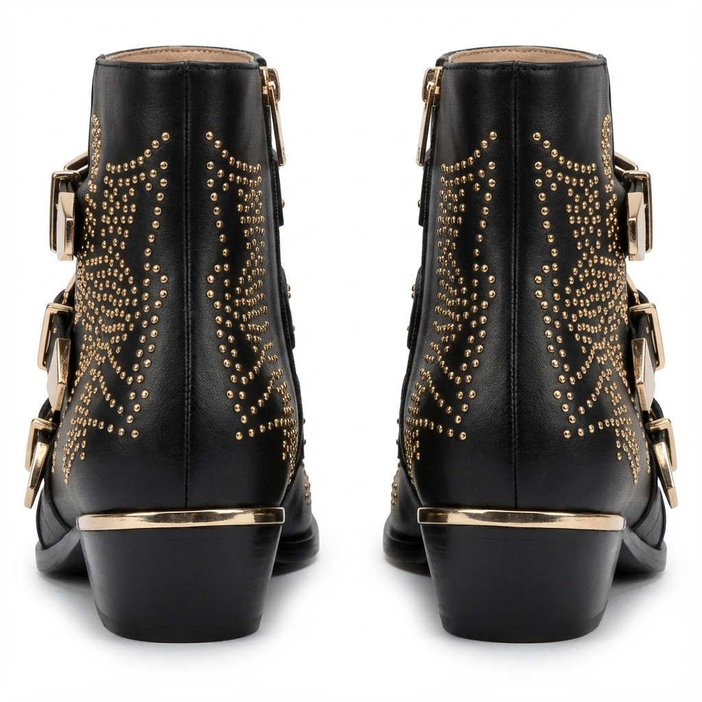 Santiag basse noir Cuir Femme - Bottes noires cloutées à boucles modernes 3