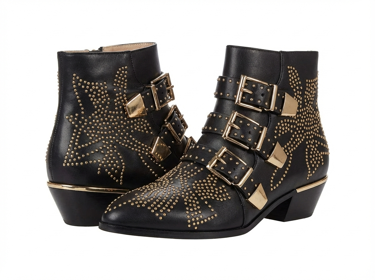 Santiag basse noir Cuir Femme - Bottes noires cloutées à boucles modernes