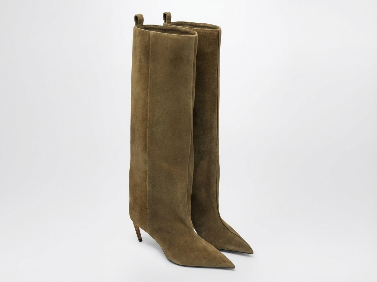 Botte haute marron clair Daim Synthétique Femme - Santiags élégantes à talons aiguille fins
