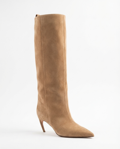 Santiag haute marron clair Daim Synthétique Femme - Élégantes bottes à talons fins - three_quarter_view