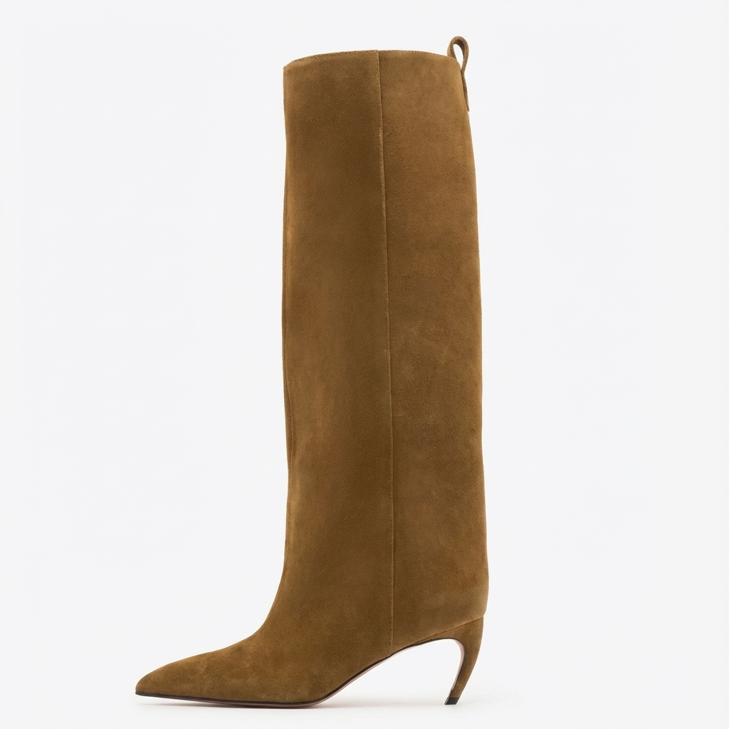 Botte haute camel Daim Synthétique Femme - Santiags modernes marron clair à talon aiguille