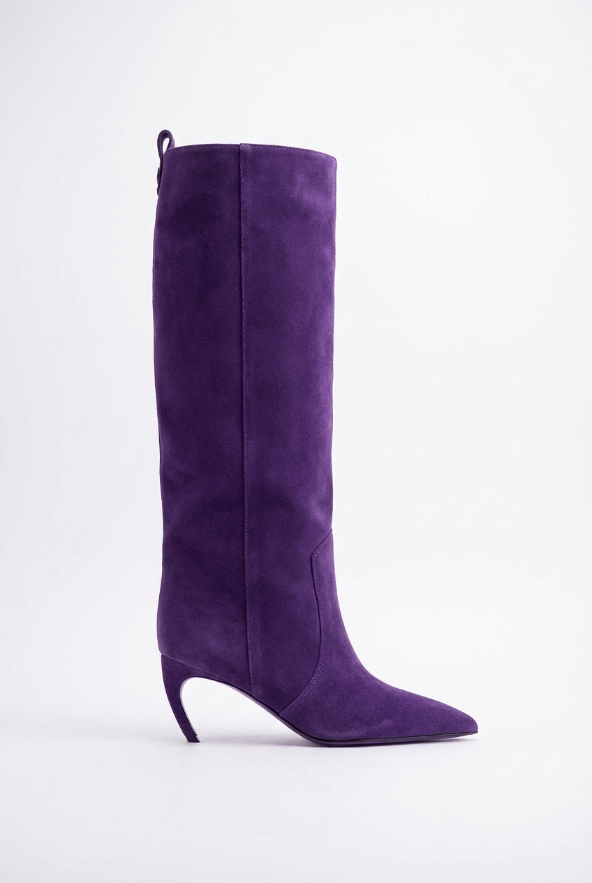 Botte haute violet Daim Synthétique Femme - Santiags violettes à talon fin incurvé 2