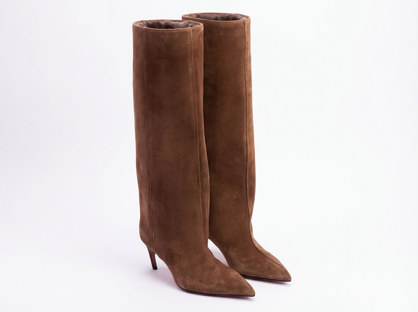 Santiag haute marron Daim Synthétique Femme - Élégantes bottes à talons fins - three_quarter_view