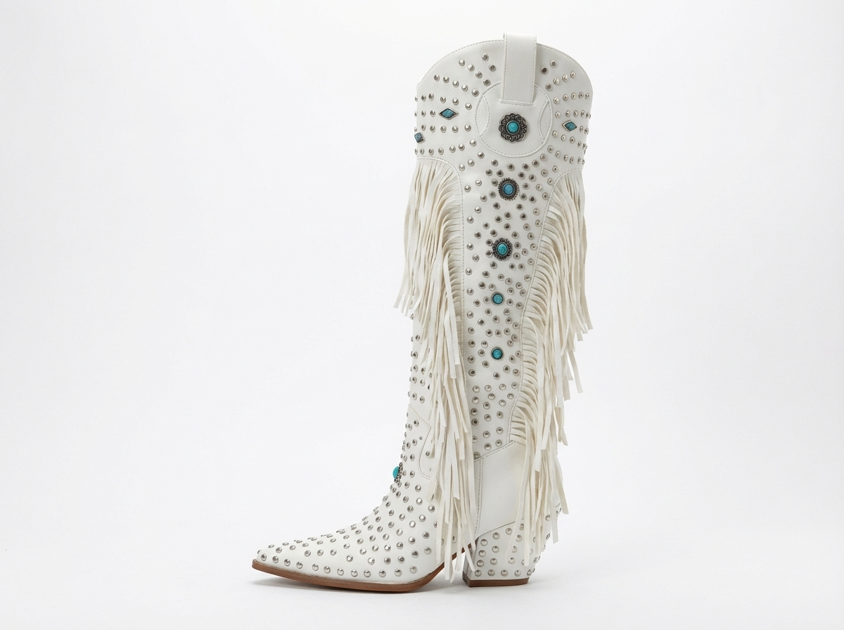 Santiag haute blanc Simili Cuir Femme - Blanches à franges et motifs bleus 2