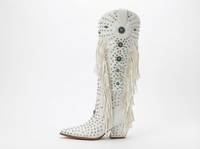 Santiag haute blanc Simili Cuir Femme - Blanches à franges et motifs bleus 2