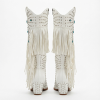 Santiag haute blanc Simili Cuir Femme - Blanches à franges et motifs bleus 3