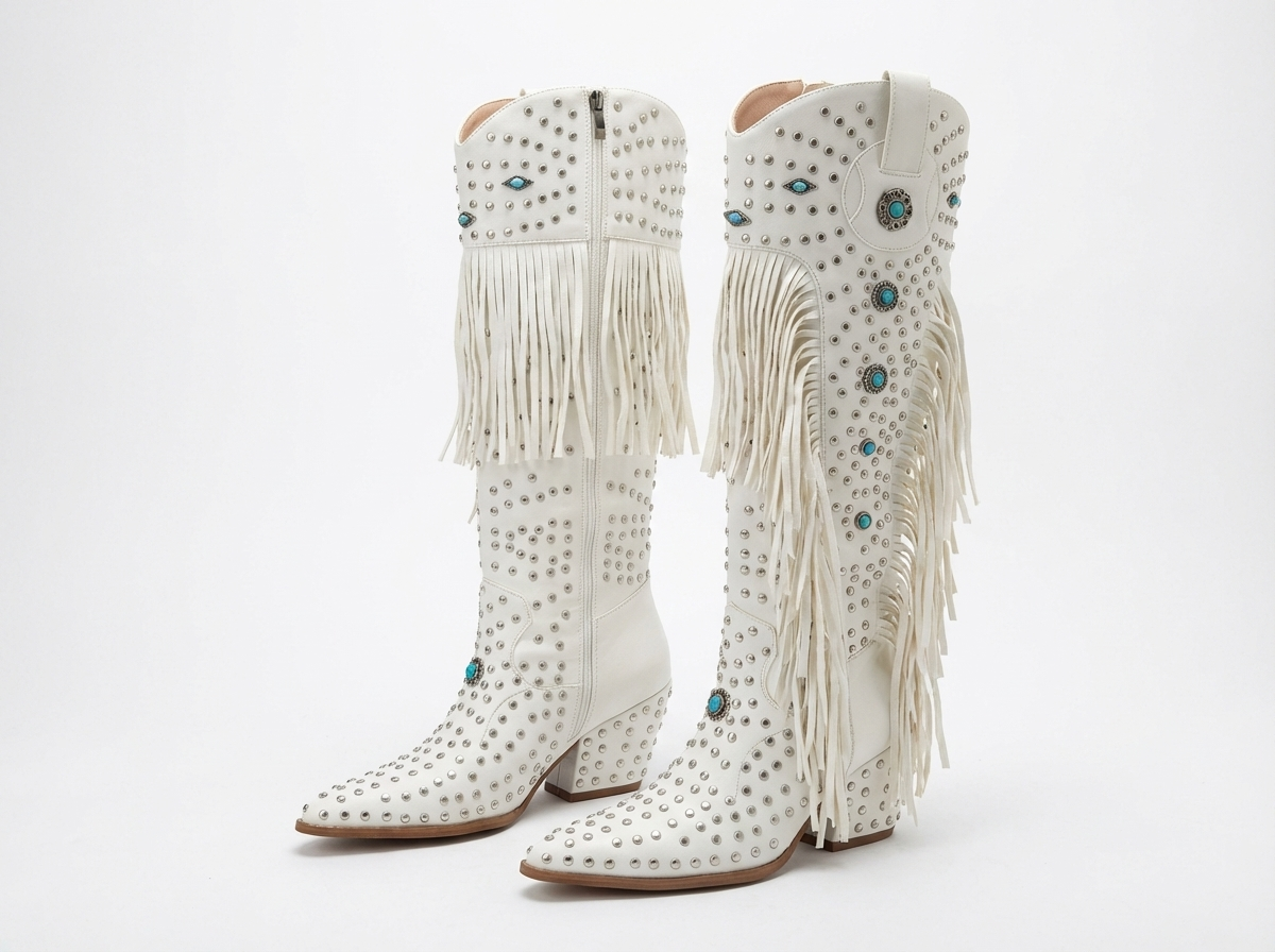 Santiag haute blanc Simili Cuir Femme - Blanches à franges et motifs bleus