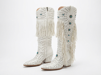 Santiag haute blanc Simili Cuir Femme - Blanches à franges et motifs bleus 1