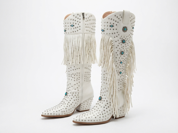 Santiag haute blanc Simili Cuir Femme - Blanches à franges et motifs bleus - three_quarter_view