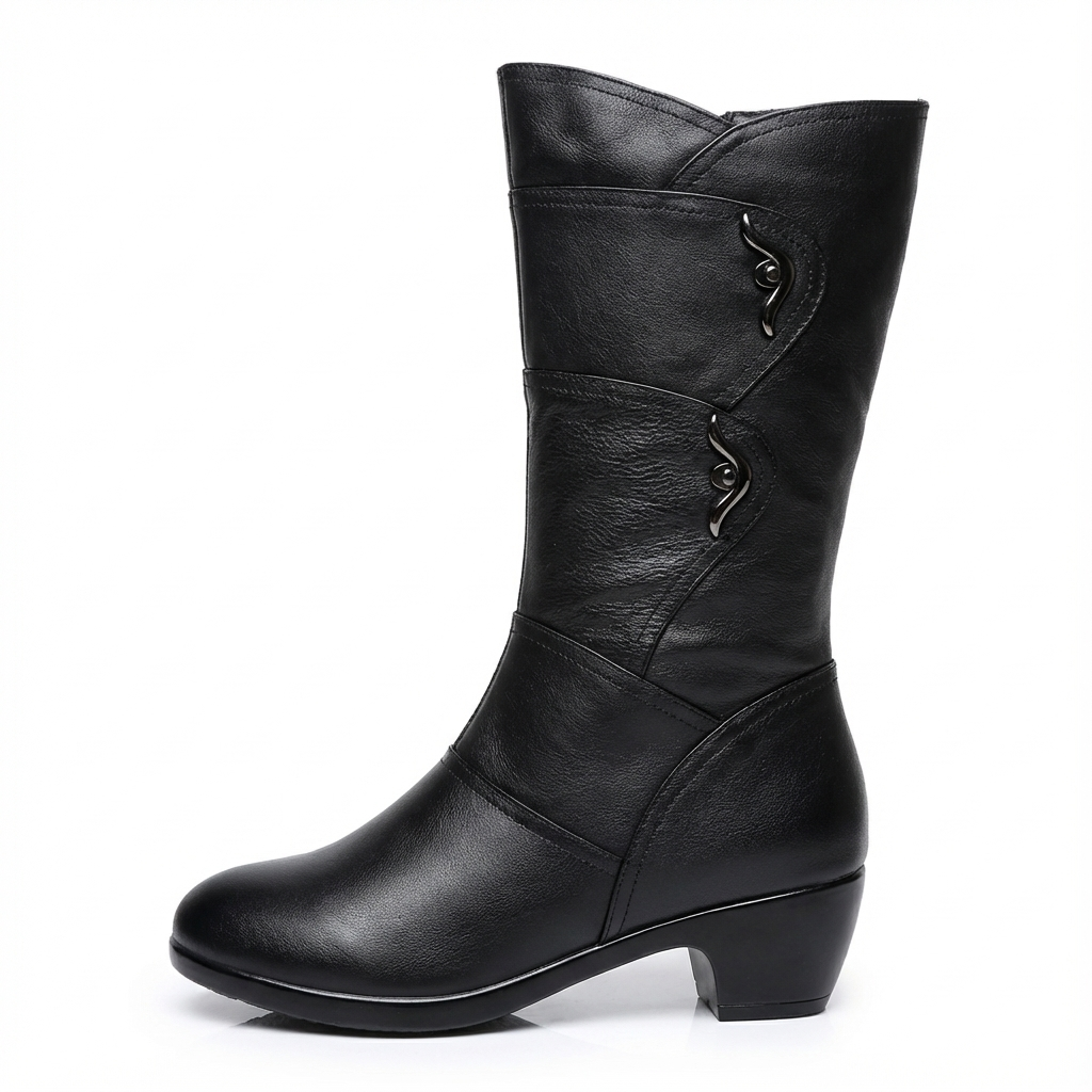Santiag mi-haute noir Simili Cuir Femme - Boucles métalliques et bout arrondi élégant 3