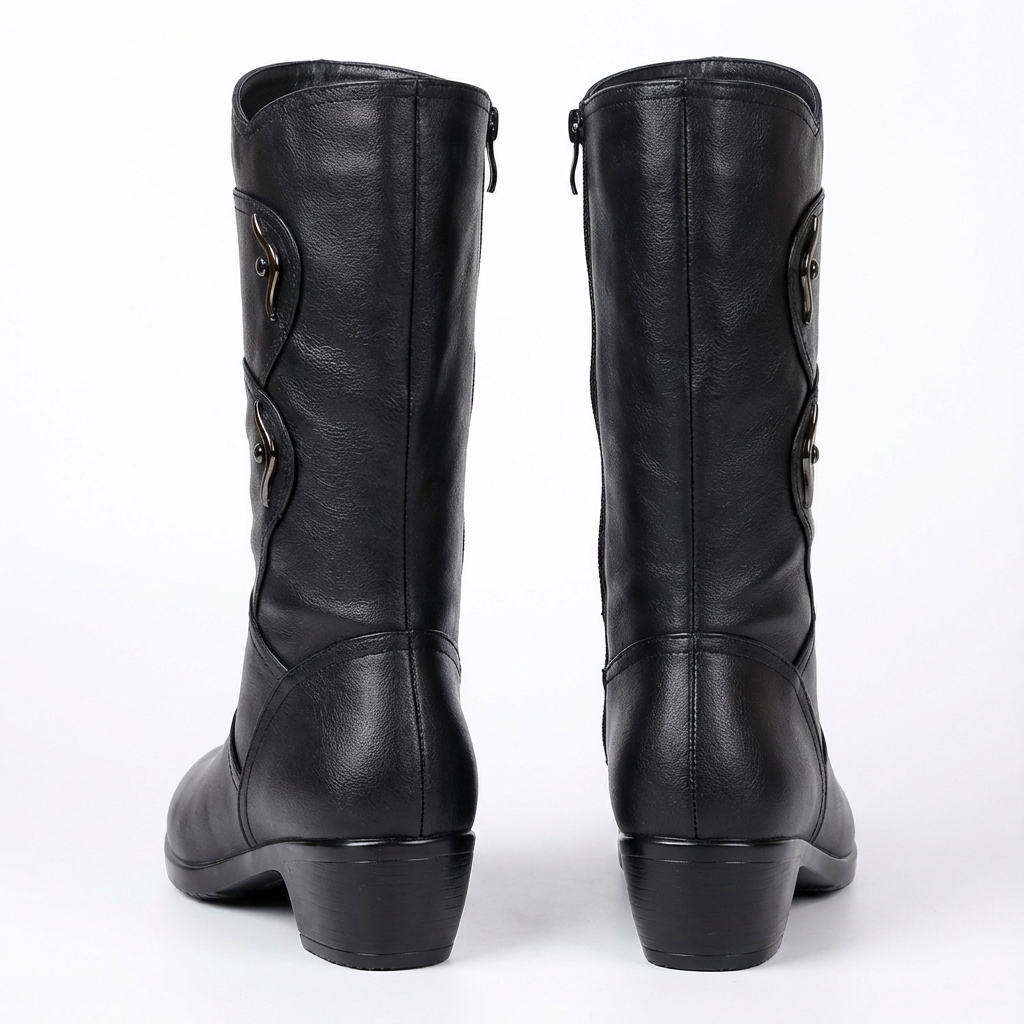 Santiag mi-haute noir Simili Cuir Femme - Boucles métalliques et bout arrondi élégant 4
