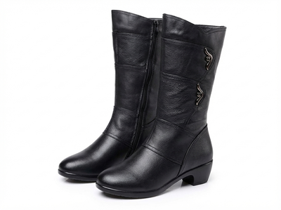 Santiag mi-haute noir Simili Cuir Femme - Boucles métalliques et bout arrondi élégant - three_quarter_view