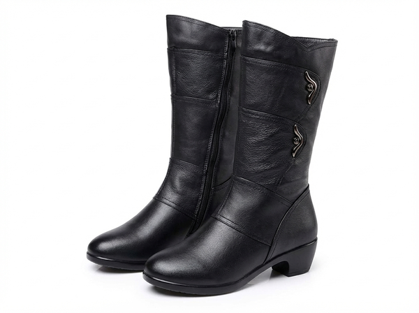 Santiag mi-haute noir Simili Cuir Femme - Boucles métalliques et bout arrondi élégant