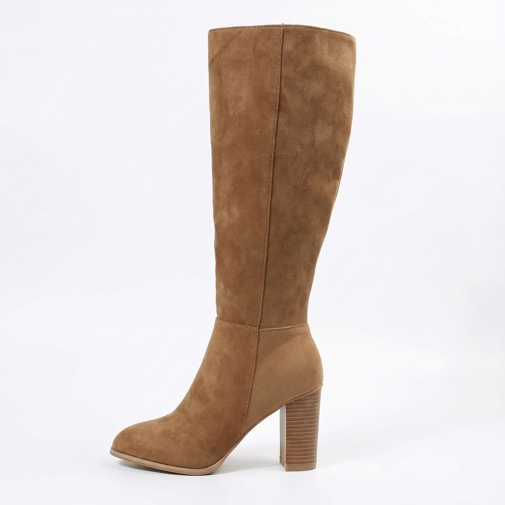 Botte haute marron clair Daim Synthétique Femme - Talon carré orné de fausse fourrure 2
