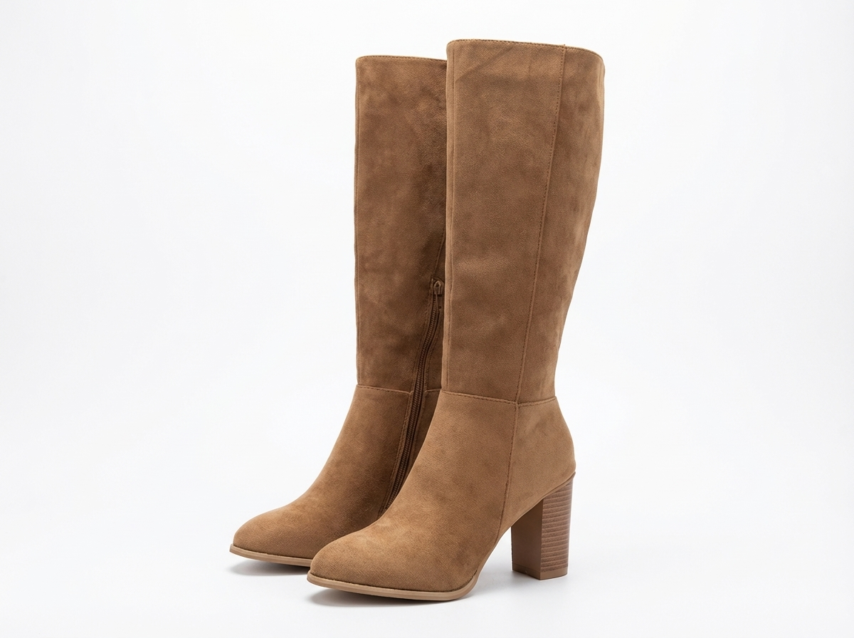 Botte haute marron clair Daim Synthétique Femme - Talon carré orné de fausse fourrure