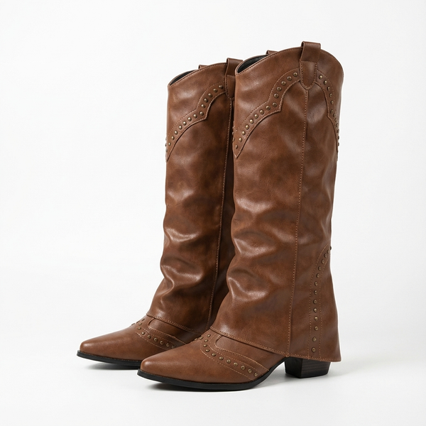 Santiag haute marron Simili Cuir Femme - Bout pointu et clous décoratifs élégants