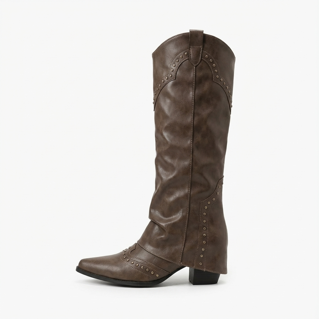Santiag mi-haute marron Synthétique Femme - Ornements de clous sur bout pointu 2