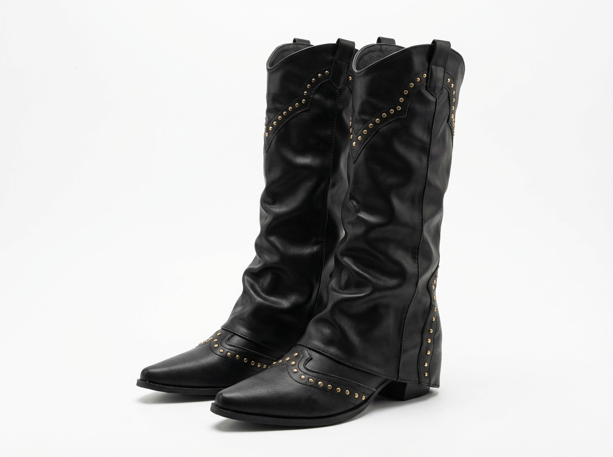Santiag mi-haute noir Synthétique Femme - Clous modernes accentuant le style rétro