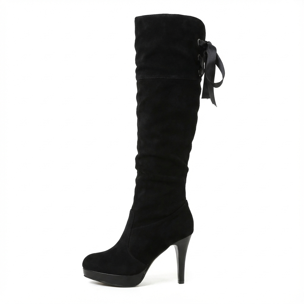 Botte haute noir Simili Cuir Femme - Santiags élégantes à rubans arrière 2
