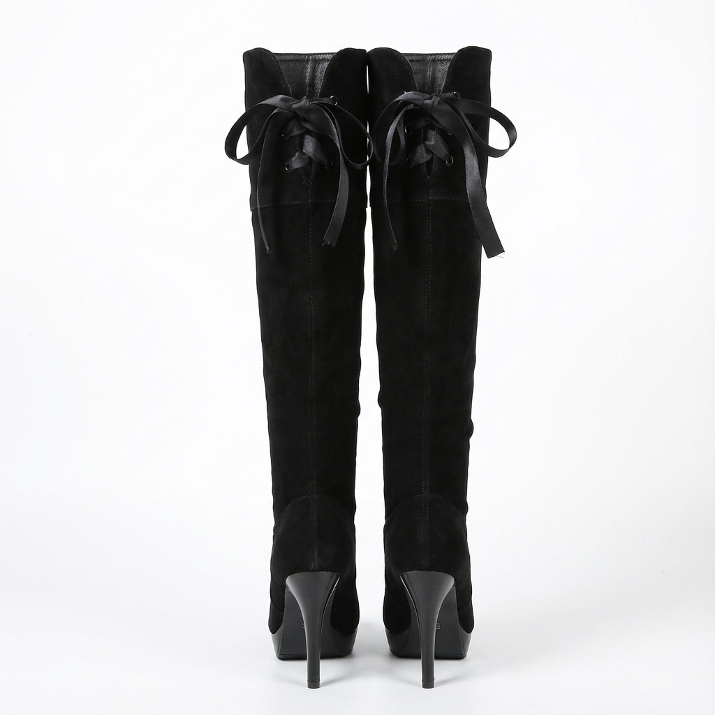 Botte haute noir Simili Cuir Femme - Santiags élégantes à rubans arrière 3