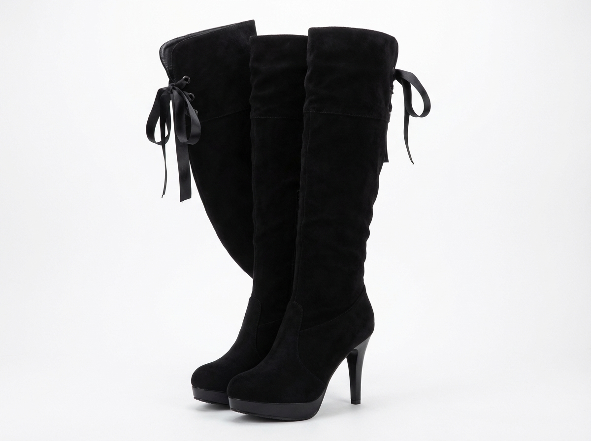 Botte haute noir Simili Cuir Femme - Santiags élégantes à rubans arrière