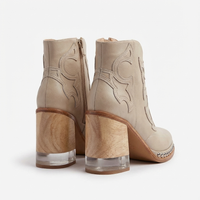 Santiag mi-haute beige Simili Cuir Femme - Bottes chic brodées à talons contrastés 3