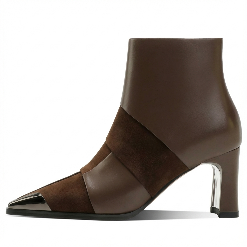 Bottine à talon marron foncé Cuir Femme - Bottines santiags bout pointu métallisé 2